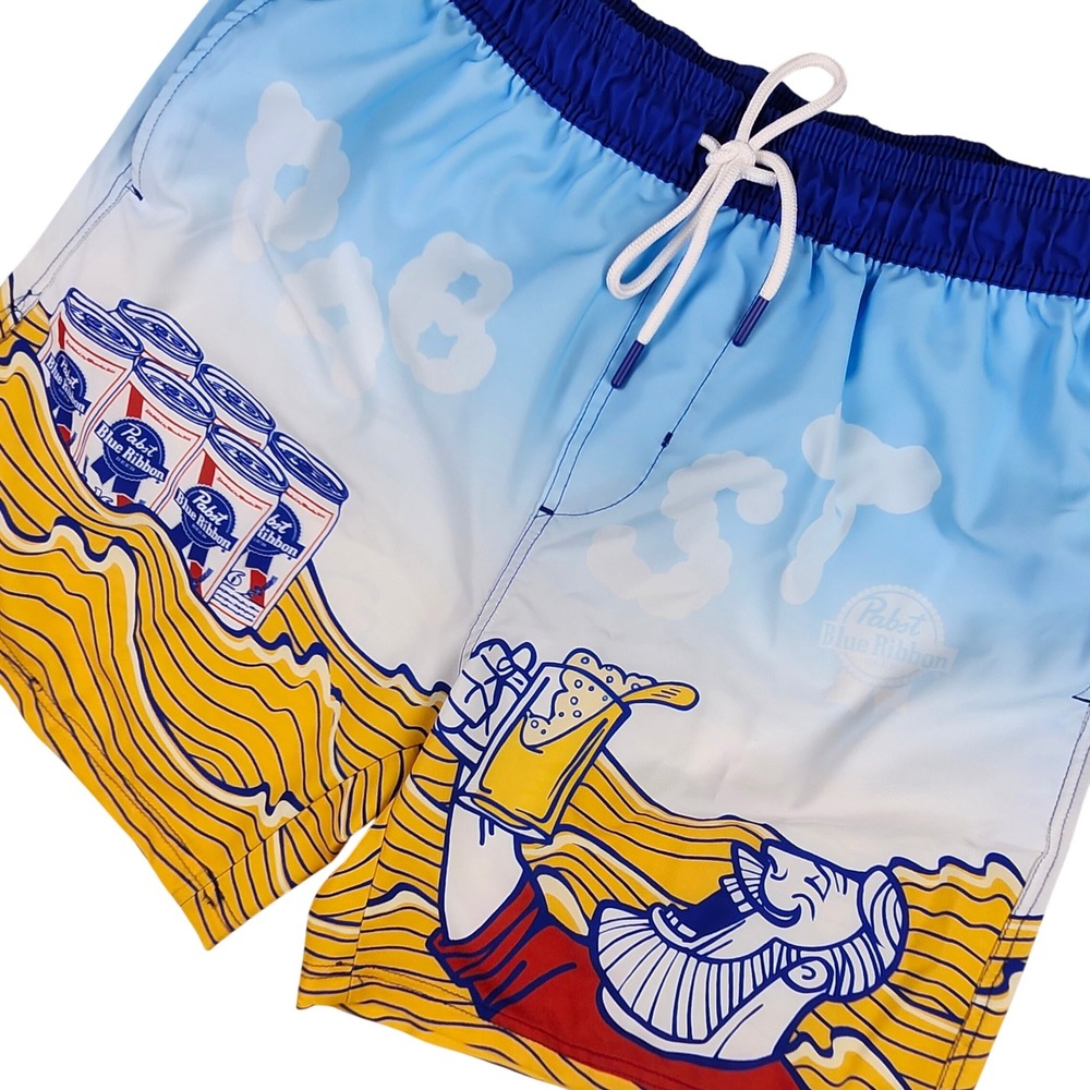 Pabst Blue Ribbon Swim Trunks Mens Large Beer Graphic Shorts Drawstring Netted